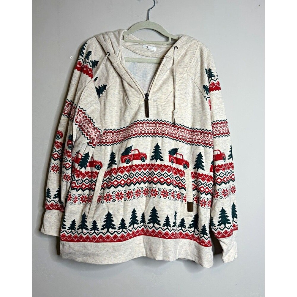 Maurices Women’s 1X Fair Isle Christmas Knit Pullover Hoodie Beige Red Green